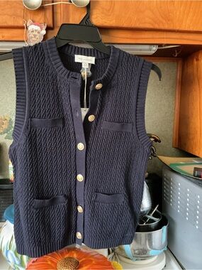 Navy Sleeveless Knit Cardigan with Gold Buttons - St. John Collection size Small